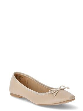 NEW, NEVER WORN: Women's String Bow Ballet Flats, Faux Leather, Tan/Nude, Sz 10